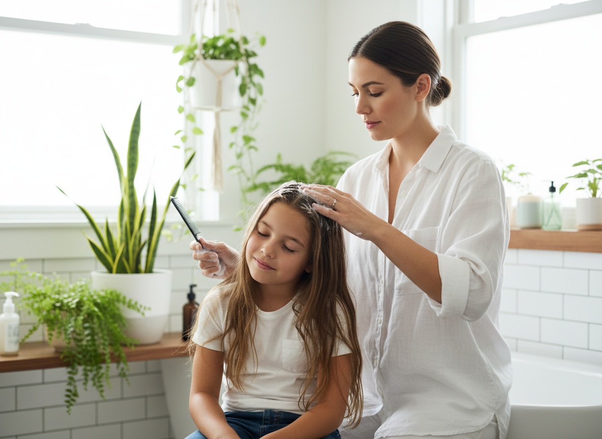 A mother applying lice treatment to her child's hair in a bathroom