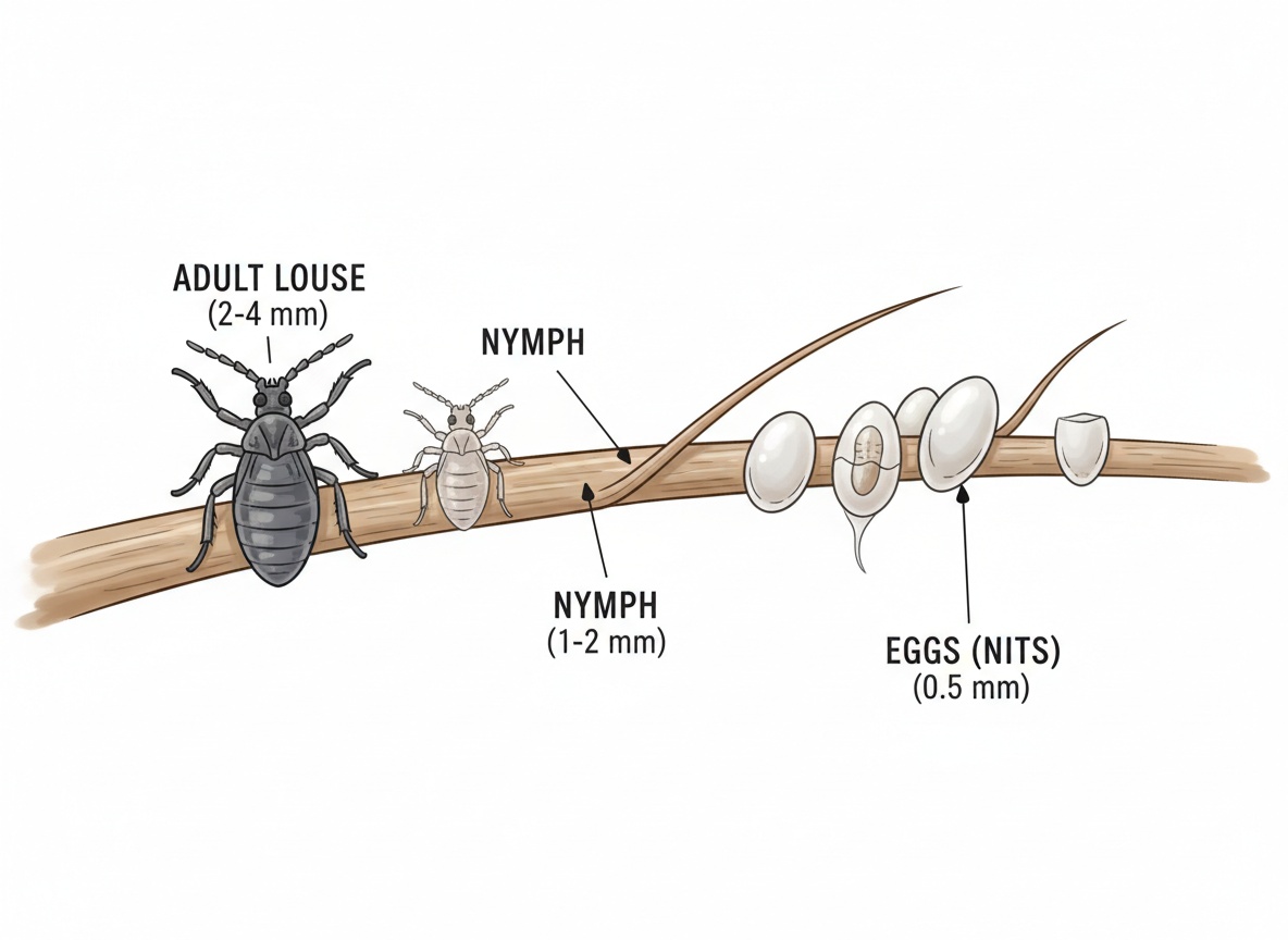 Illustrated comparison of head lice stages: adult lice, nymphs, and eggs on a hair strand
