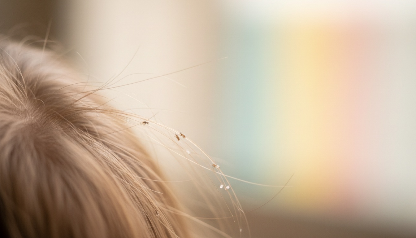 Close-up of a child's hair with head lice visibly crawling in the strands