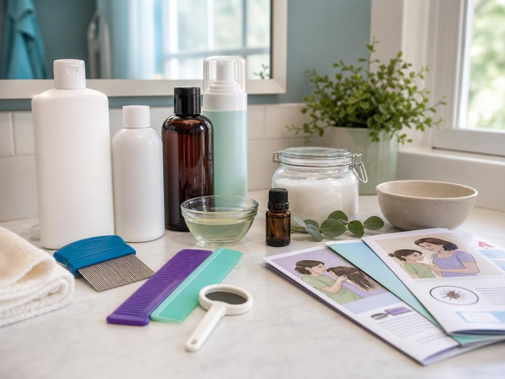 A bathroom counter showcasing various head lice treatment products and informational pamphlets