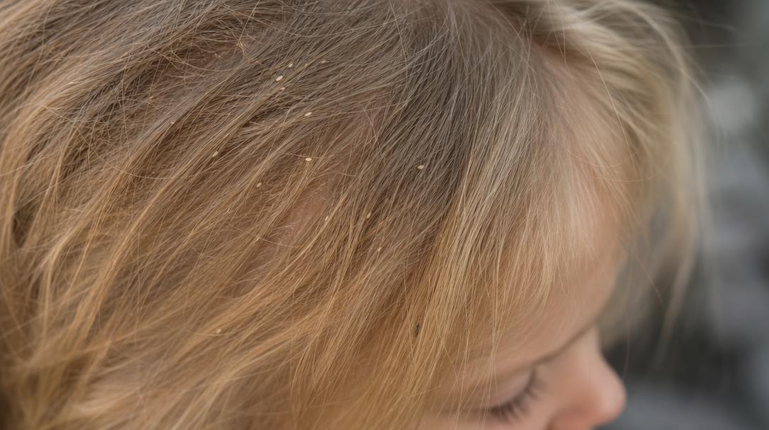 Close-up of a child's light-colored hair with visible head lice and eggs among the strands