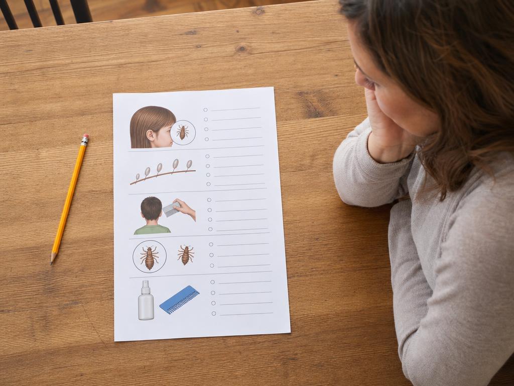 Overhead view of a quiz sheet about head lice next to a pencil, with a concerned parent in the background